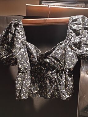 Altar'd State Black Floral Puff Sleeve Peplum Blouse